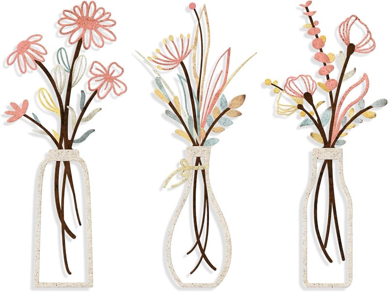 Pigort 3 Pieces Metal Flowers Wall Arts - Rustic Farmhouse Style Décor Metal Wall Art Black Minimalist Flower Natural Themed Wall Decors for Home Bedroom Dining Room Housewarming (Pink Beige) - Image 1